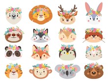 Funny Animals In Flower Wreaths. Happy Animal Head With Flower, Fun Cat And Pet Face In Wreath. Pets And Forest Animals Character Face In Flower Crown Stickers. Isolated Vector Icons Set