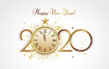 Happy New Year Greeting Card. Golden 2020 Countdown, Christmas Party Clock And Luxury Gold Confetti Congratulation. Greeting Christmas Flyer, Merry Xmas Invitation Banner Vector Illustration