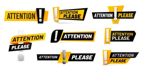 attention please badges. important message, warnings frames with exclamation point and black and yel