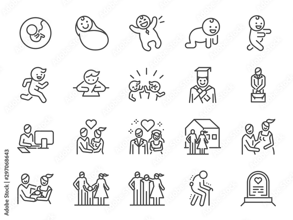 Life Cycle line icon set. Included icons as birth, child, death, growing, family, happy and more. - obrazy, fototapety, plakaty 