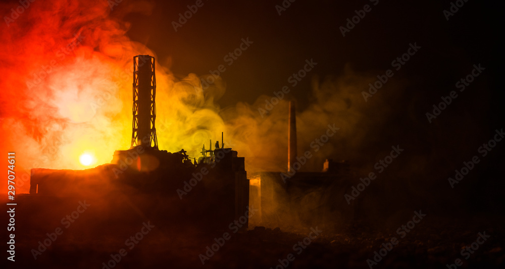 Creative artwork decoration. Chernobyl nuclear power plant at night. Layout  of abandoned Chernobyl station after nuclear reactor explosion. Stock-bilde  | Adobe Stock