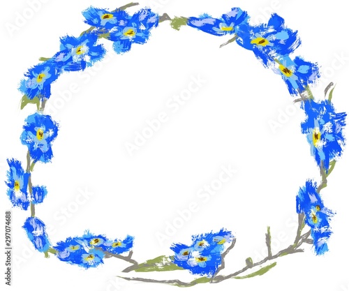 Oil painted blue flowers wreath. Medium rectangle size hand painted floral cl...