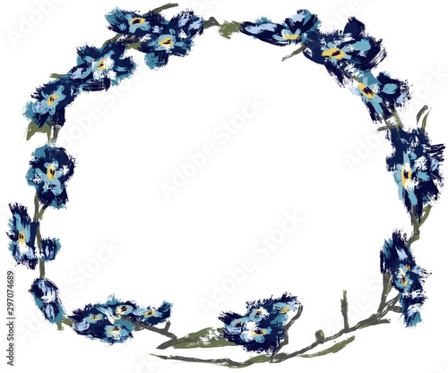 Oil painted blue flowers wreath. Medium rectangle size hand painted floral cl...