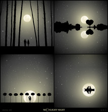 Set Of Vector Illustrations With Silhouettes Of People In Park On Moonlit Night. Lovers In Forest Between Trees. Loving Couple On Boat. Landscape With Tree In Shape Of Heart. Full Moon In Starry Sky