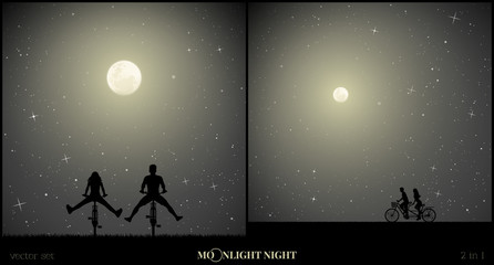 Sticker - Set of vector illustrations with silhouettes of people in park on moonlit night. Lovers on bike tandem. Two cyclists with legs apart. Full moon in starry sky