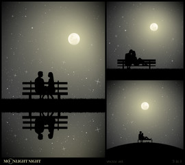Sticker - Set of vector illustrations with silhouettes of lovers in park on moonlit night. Loving couple sitting on bench. Full moon in starry sky