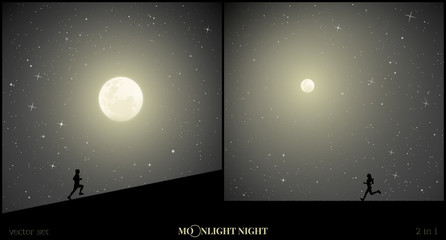Poster - Set of vector illustrations with silhouettes of people on moonlit night. Man runs uphill. Girl running in park. Full moon in starry sky