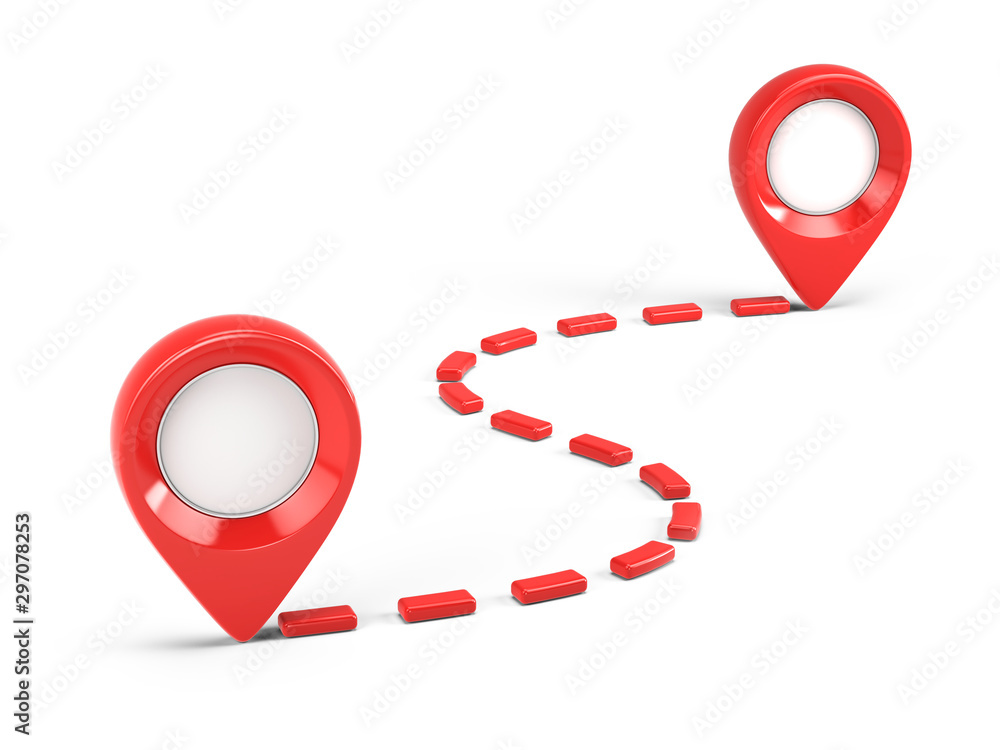 Two Red glossy map pointers and path - 3d location icons isolated on ...