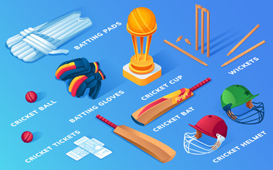 Set of isolated cricket items or ball sport equipment. Wooden stump and wicket, helmet and pads, gloves and ticket, bat and cup, trophy. Batsman or batter keeper and bowler icons. Game, sporting