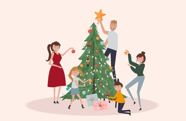 Wall Mural - Men, women and children decorating Christmas tree.  Big family spending time together and preparing for celebrating winter holidays. Editable vector illustration.