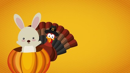 Poster - happy thanksgiving celebration with turkey and rabbit