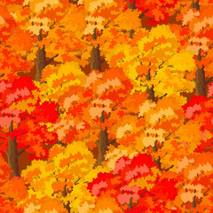 Wall Mural - Seamless Natural Pattern, Landscape, Autumn Forest, Trees with Brown Trunks and Red, Orange and Yellow Leaves, Tile Background. Vector