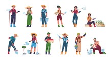Agricultural Workers. Cartoon Farmers And Harvesting Characters, Hand Drawn Rural People With Farming Equipment. Vector Illustrations Eco Concept Harvesting With Gardening Fruits And Worker Person