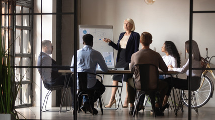 Wall Mural - Mature businesswoman mentor coach give flip chart presentation at workshop