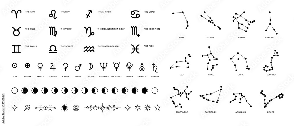 Zodiac signs and constellations. Ritual astrology and horoscope symbols with stars planet symbols and Moon phases. Vector set pictogram elements constellation illustration for ancient alchemy - obrazy, fototapety, plakaty 