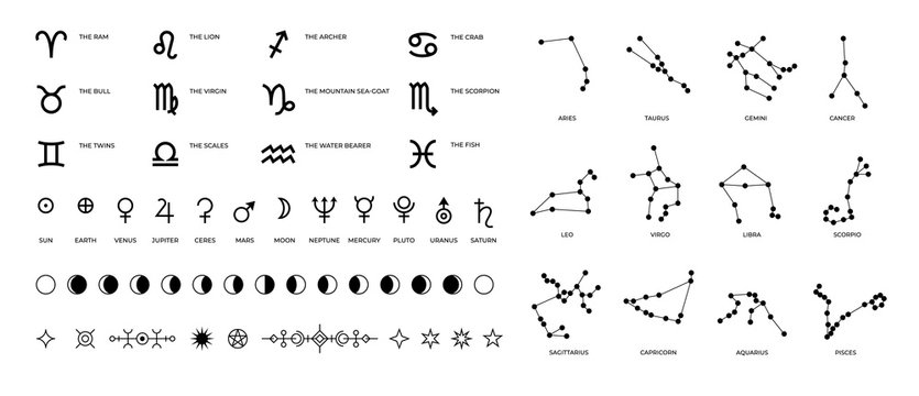 Wall Mural - Zodiac signs and constellations. Ritual astrology and horoscope symbols with stars planet symbols and Moon phases. Vector set pictogram elements constellation illustration for ancient alchemy