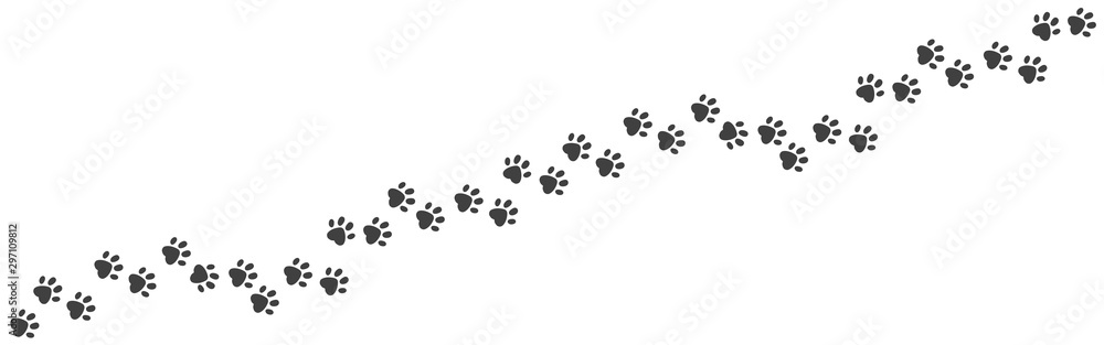 Paw foot trail. Cat and dog walk track silhouette, wild animal and pet paw print texture. Vector image puppy and kitten paw path black template on white backgrounds - obrazy, fototapety, plakaty 