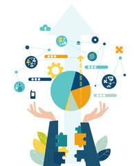 Wall Mural - Businessman hands holding the growth chart. Database, support and control idea.  Improvement and working together concept. Collection of business people in action.