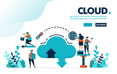 Wall Mural - Vector illustration database and cloud. Internet download and upload to database system. Cloud hosting and storage rental services. Designed for landing page, web, banner, template, flyer, poster, ui