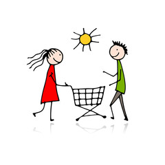 Wall Mural - Couple with shopping trolley, sketch for your design