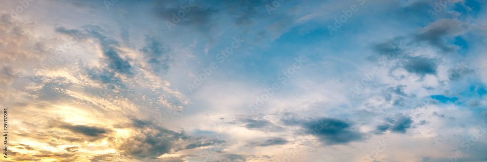 Panorama of Dramatic vibrant color with beautiful cloud of sunrise and sunset. Panoramic image. - obrazy, fototapety, plakaty 