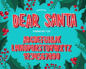 christmas font. holiday typography alphabet with festive illustrations and season wishes.