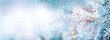 Christmas winter blurred background. Xmas tree with snow decorated with garland lights, holiday festive background. Widescreen backdrop. New year Winter art design, wide screen holiday border