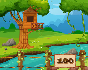 Wall Mural - Background scene of zoo park with river and treehouse