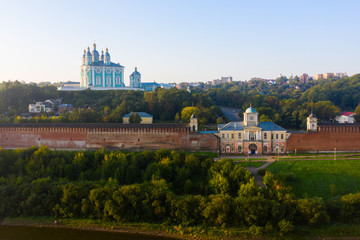 Wall Mural - The view on Smolensk, Church of the Smolensk Icon of the Mother of God or the Dnieper Gate and Dnieper river and the embankment in summer in Russia