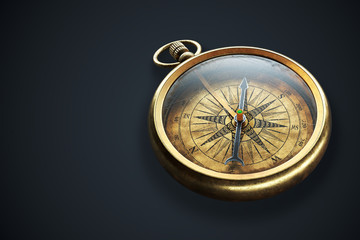 vintage brass compass isolated on black background 3d