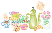 Watercolor Set Of Different Teapots And Kettles Cute Style. Cafe And Restaurant Menu. Illustration With Kitchen Equipment Stickers.