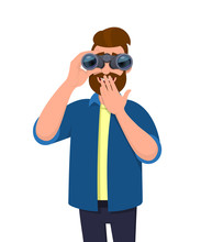 Happy Hipster Man Looking In The Distance Through Binoculars And Covering Mouth With Hand For Surprise Or Excitement. Young Person Is Holding A Binocular. Modern Lifestyle, Technology In Cartoon Style