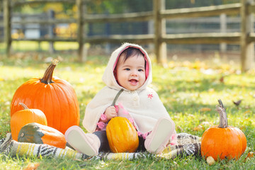 Wall Mural - Portrait of cute adorable funny Asian Chinese baby girl sitting in autumn fall park outdoor with yellow orange pumpkins. Halloween or Thanksgiving seasonal concept. Autumnal harvest.