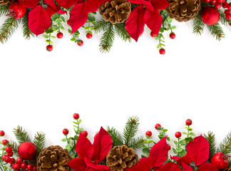 Wall Mural - christmas decoration. frame of flowers of red poinsettia, branch christmas tree, ball, red berry on 