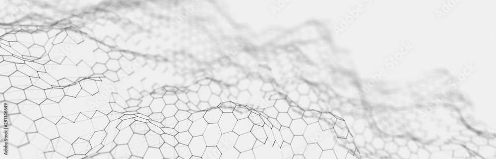 Futuristic white hexagon background. Futuristic honeycomb concept. Wave of particles. 3D rendering. - obrazy, fototapety, plakaty 