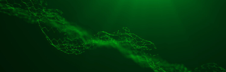 Wall Mural - wave 3d. wave of particles. abstract green geometric background. big data visualization. 3d renderin