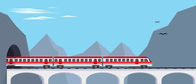 Passenger Express Train On Bridge From Tunnel In Mountains. Travaling By Train Concept Or Banner Vector Illustration.