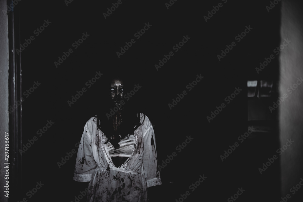 Portrait of asian woman make up ghost face with blood,Horror scene
