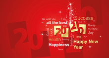 Happy New Year 2020 Firework Negative Space Word Cloud Text Gold White Red Vector