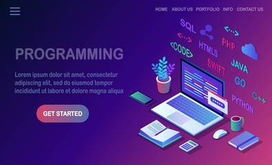 Wall Mural - software development, programming language, coding. 3d isometric laptop, computer with digital appli