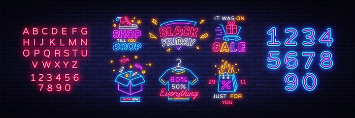 Big set Black Friday Neon Signs. Black Friday Vector illustration discount sale concept in neon style, online shopping and marketing concept. Luminous signboard. Editing text neon sign