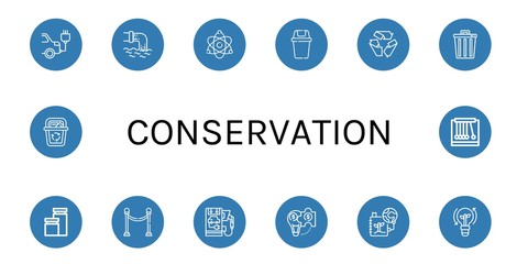 Poster - Set of conservation icons such as Electric car, Waste, Atomic energy, Bin, Recycle, Trash, Jars, Separator, Hybrid solution, Save the planet, Clean energy, Recycle bin , conservation