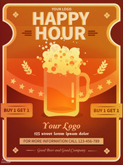 Happy Hour offer flyer template with abstract beer mug, wheat on colorful geometric palette. Vintage discount invitation card template & advertising for web, poster, flyer, party. Eps 10.