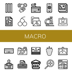 Wall Mural - Set of macro icons such as Toothpick, Picture, Fingerprint, Cherry, Keyboard, Gallery, Microscope, Pictures, Fountain pen, Clip, Photographer, Shooting gallery, Strawberry , macro