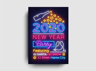 Wall Mural - Happy New Year 2020 Party Neon Poster Vector. New year Party neon invitation, design template, modern trend design, Christmas celebretion, night bright advertising, light banner, light art. Vector