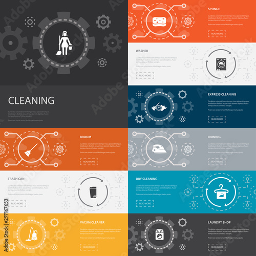 Cleaning Infographic 10 Line Icons Banners Broom Trash Can