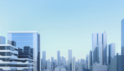 Office building corporation. City Urban 3D panorama on blue sky. Render illustration. Apartment advertising promotion banner. Office business center environment. High-rise skyscrapers - rental estate