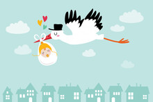 Baby Announcement Card. Baby Shower. Stork With Baby, Vector Illustration
