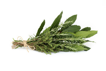 Bouquet garni. Bunch of herbs aromatics isolated on white background