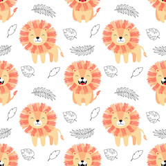 Cute lion in scandinavian style, hand-drawn, cartoon vector seamless pattern for children, print for textile, fabric, wallpaper, paper.